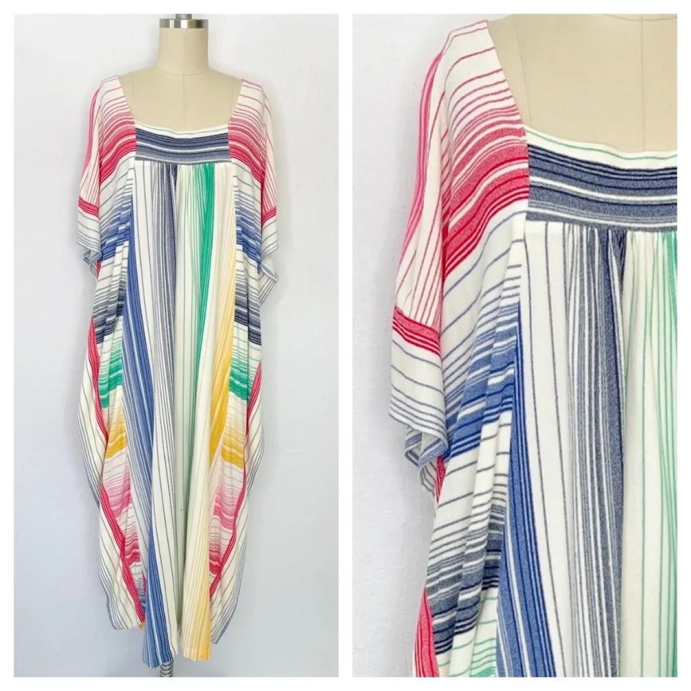 Vintage 70s 80s Rainbow MuuMuu Kaftan House Dress size M Medium Terry Cloth Boho - Picture 1 of 6